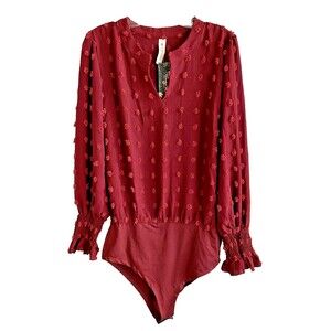 Blooming Jelly Women's Long Sleeve Bodysuit Wine Blouse Dressy Top Large New